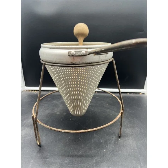 Vintage Aluminum Sieve Strainer 1970s w/ Stand and Wood Masher - Wood Canning - Picture 5 of 10